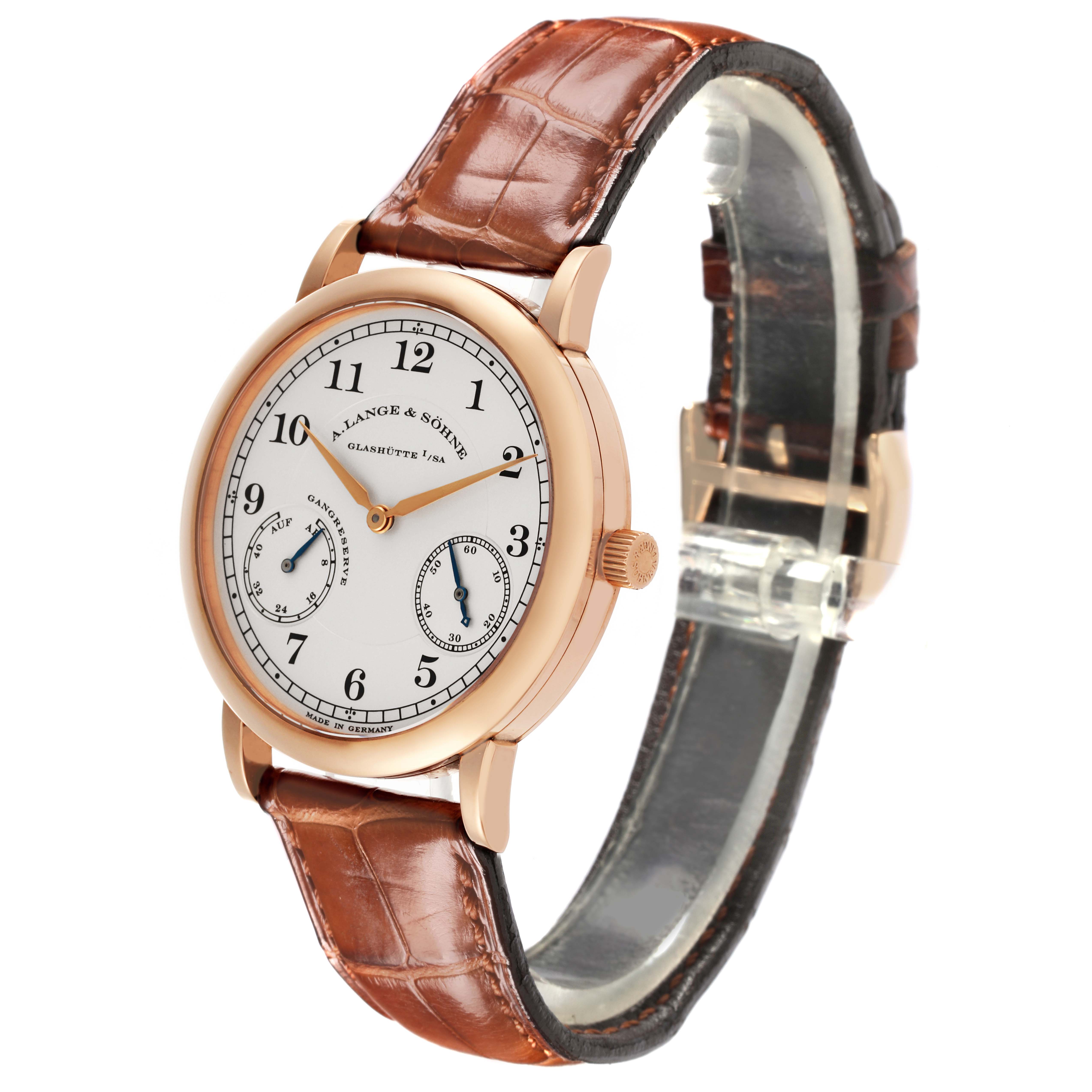 The A. Lange & Sohne 1815 221.032 / LSLS2214AD Men's Rose Gold Silver Dial watch is shown at a slight angle, highlighting the dial, crown, and brown leather strap.