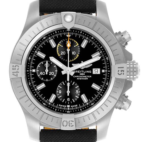 The Breitling Avenger A13317 Men's Stainless Steel Black Dial A13317 Men's Stainless Steel Black Dial watch is shown from the front, displaying the case, bezel, crown, dial, and chronograph subdials.