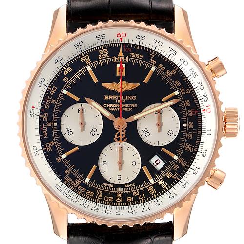 This is a close-up shot of a Breitling Navitimer RB0121 Men's Rose Gold Black Dial RB0121 Men's Rose Gold Black Dial watch, showing the face, dials, bezel, and part of the strap.