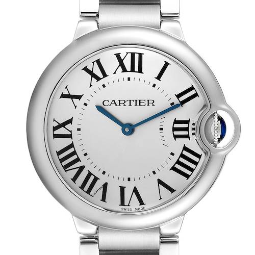 The Cartier Ballon Bleu W69011Z4 Men's Stainless Steel Silver Dial W69011Z4 Men's Stainless Steel Silver Dial watch is shown from the front, highlighting the dial, roman numerals, hands, and crown.