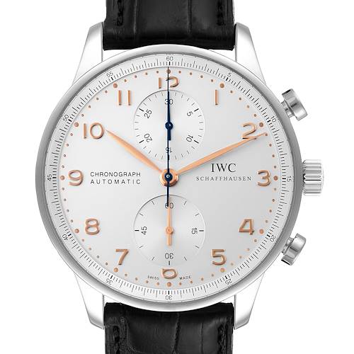 This image shows a front view of the IWC Portuguese IW371445 Men's Stainless Steel Silver Dial IW371445 Men's Stainless Steel Silver Dial Chronograph Automatic watch, highlighting its face, dial, and crown.