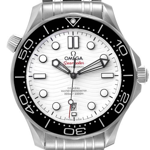 The image shows a front view of the Omega Seamaster 210.30.42.20.04.001 Men's Stainless Steel White Dial 210.30.42.20.04.001 Men's Stainless Steel White Dial, highlighting the watch face, bezel, and part of the metal bracelet.