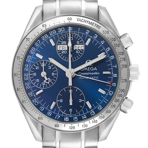 The Omega Speedmaster 3523.80.00 Men's Stainless Steel Blue Dial 3523.80.00 Men's Stainless Steel Blue Dial watch is shown from a front angle, displaying its dial, bezel, and chronograph sub-dials.