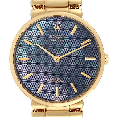 The image shows a front view of a Rolex Cellini 5162 Men's Yellow Gold Mother of Pearl Dial 5162 Men's Yellow Gold Mother of Pearl Dial watch, featuring its dial, hour markers, hands, crown, and part of the bracelet.
