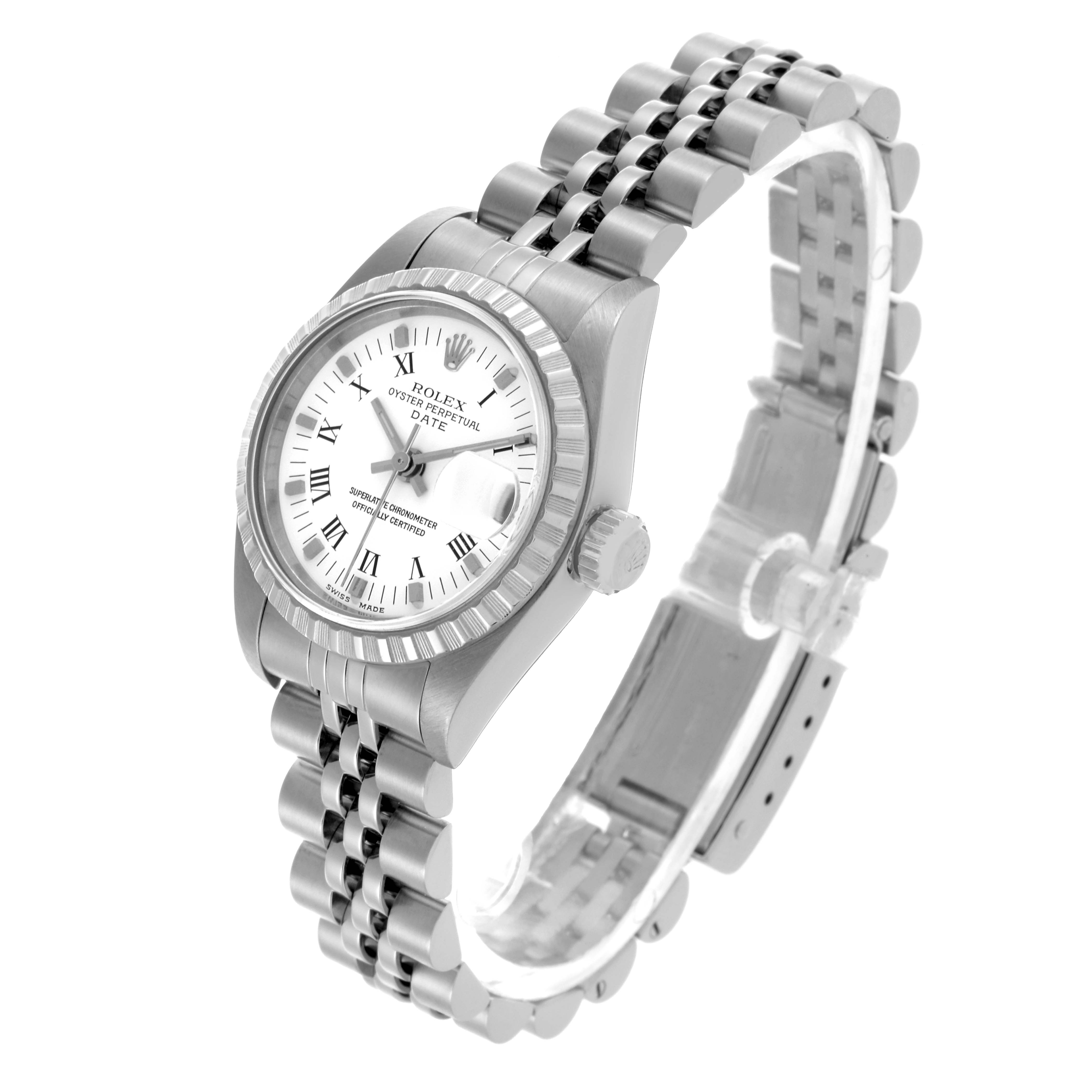 The Rolex Date 79240 Women's Stainless Steel White Dial 79240 Women's Stainless Steel White Dial watch is shown at a three-quarter angle, highlighting the face, bezel, crown, and bracelet.