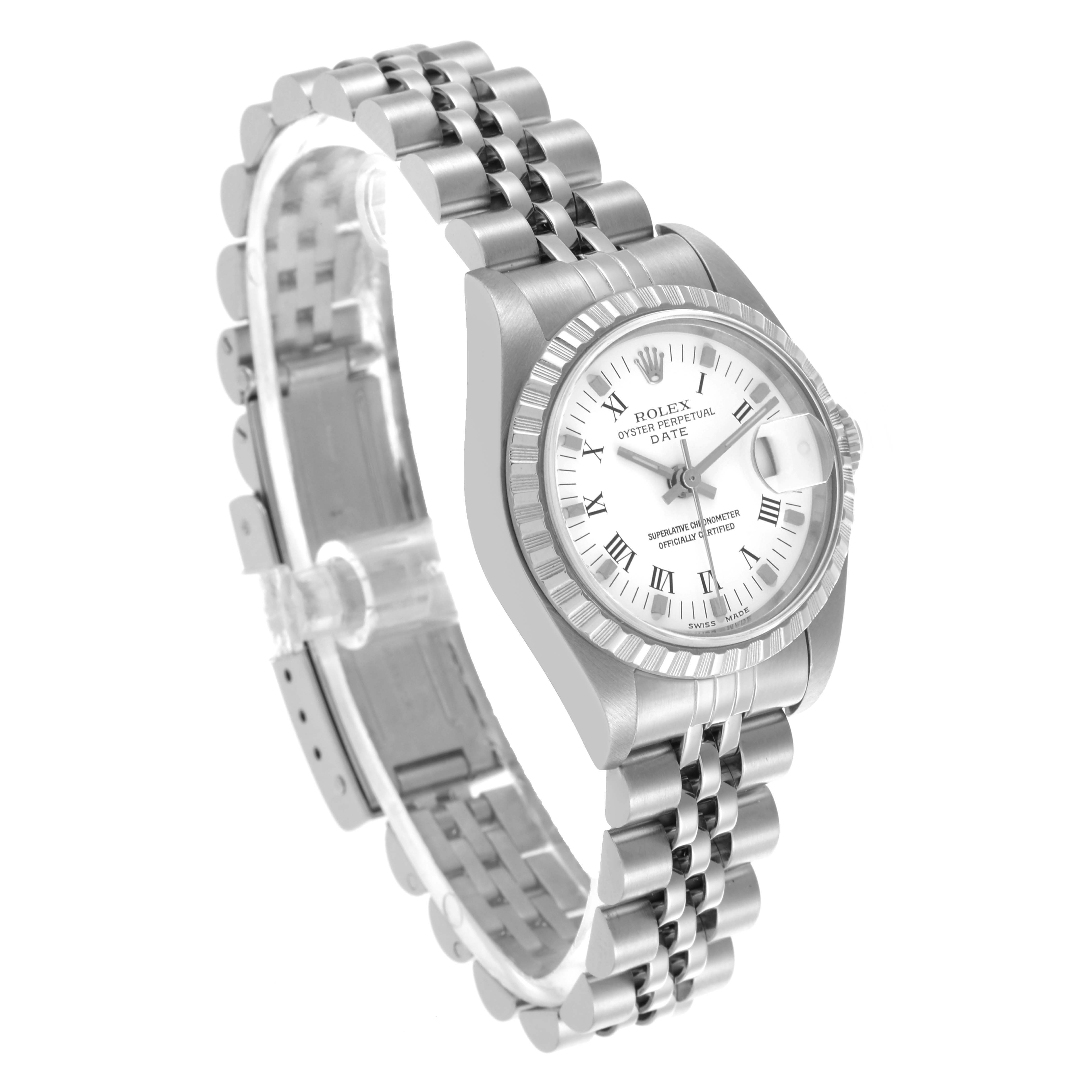 The Rolex Date 79240 Women's Stainless Steel White Dial 79240 Women's Stainless Steel White Dial watch is shown from an angled side view, highlighting the face, bezel, and bracelet.