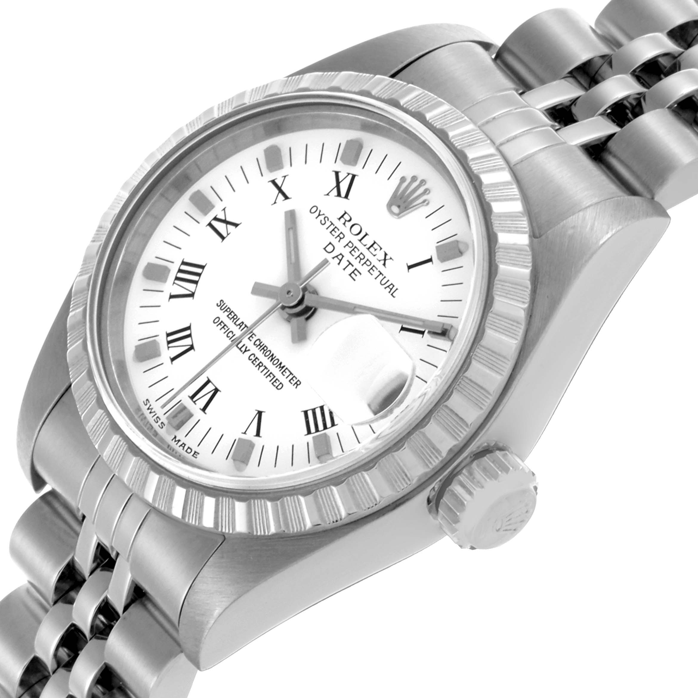 The Rolex Date 79240 Women's Stainless Steel White Dial 79240 Women's Stainless Steel White Dial model watch is shown at an angle highlighting the dial, bezel, crown, and part of the bracelet.