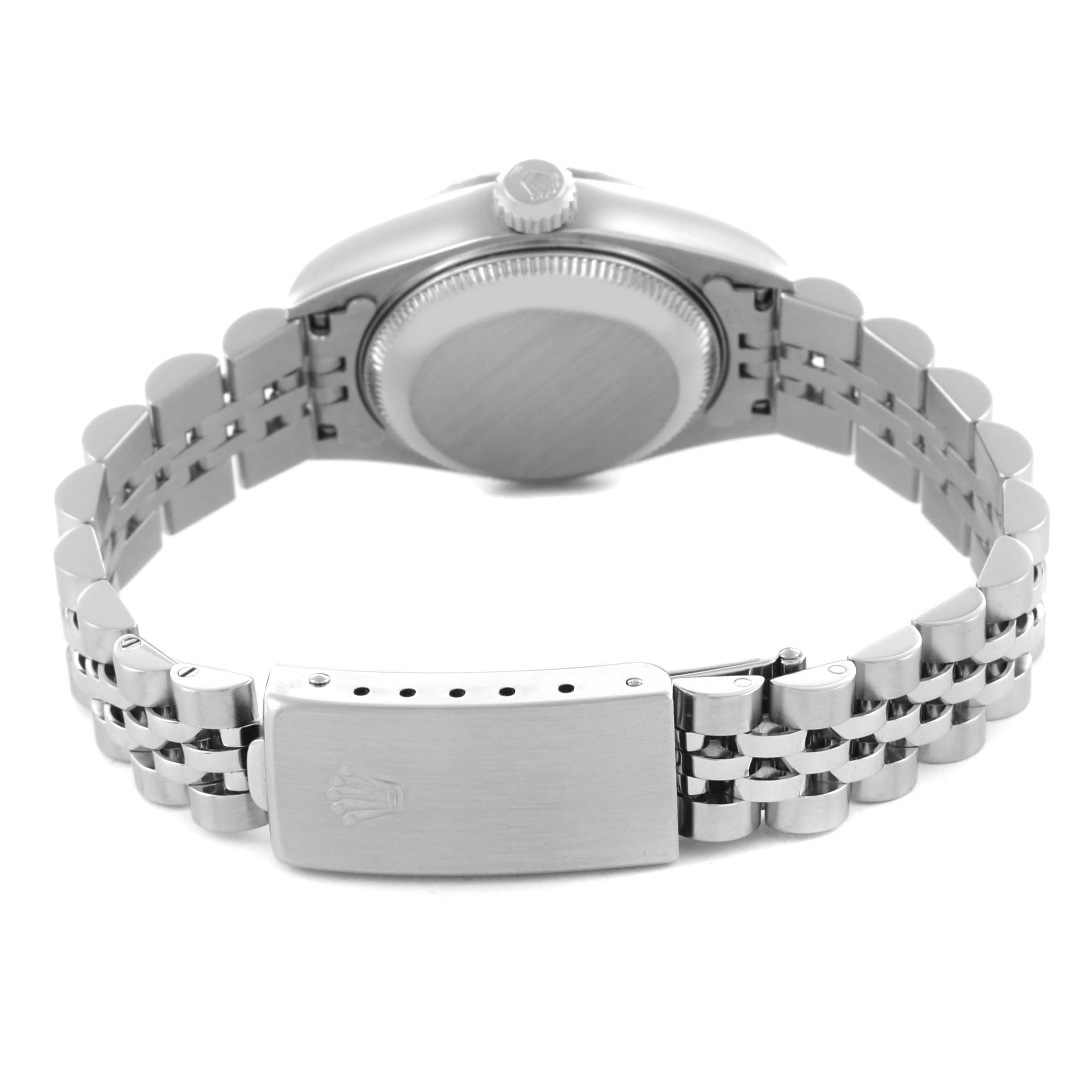 The image shows the back and clasp of a Rolex Date 79240 Women's Stainless Steel White Dial 79240 Women's Stainless Steel White Dial model watch, highlighting the bracelet and case back.