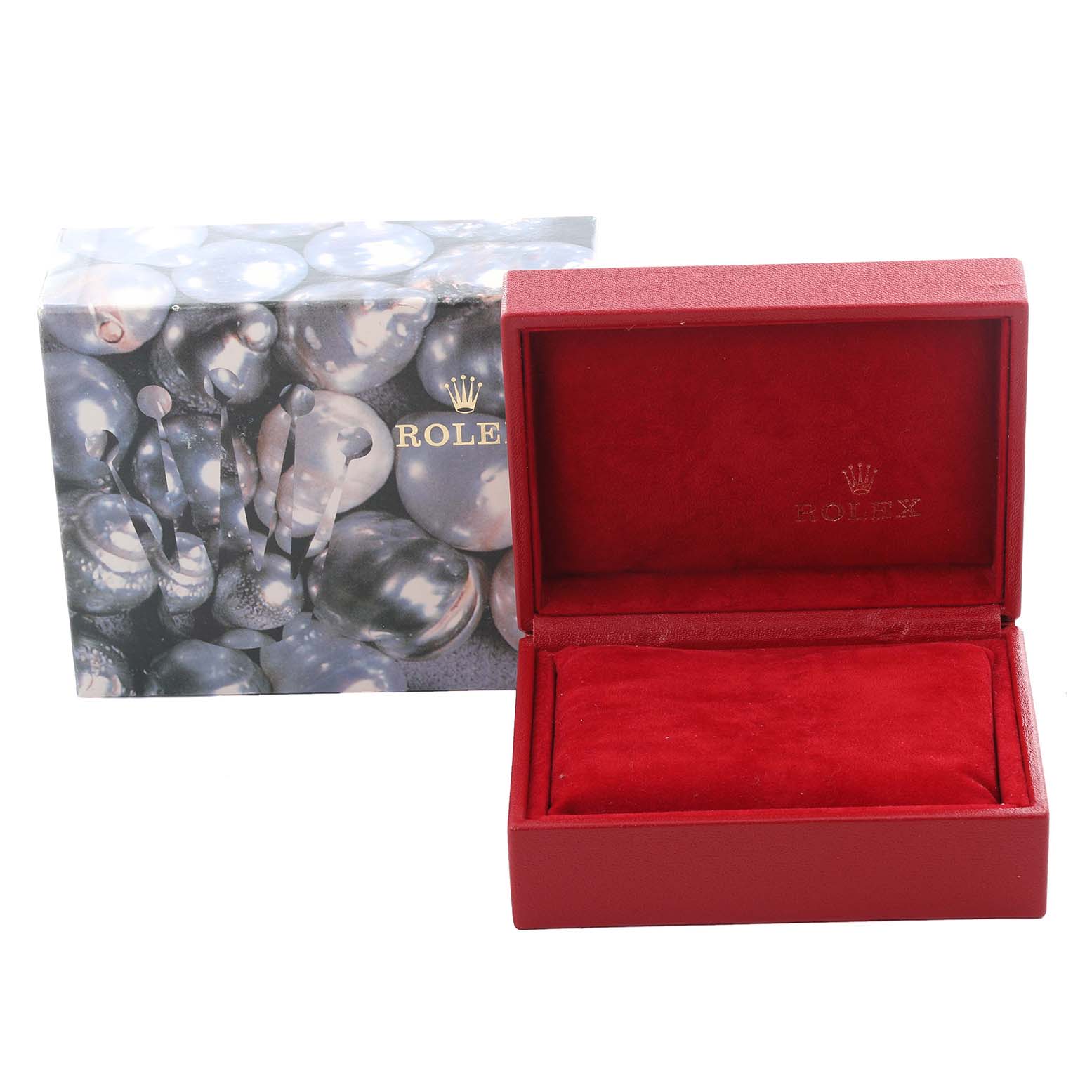 The image shows a Rolex Date 79240 Women's Stainless Steel White Dial 79240 Women's Stainless Steel White Dial watch box with a red velvet interior and a decorative outer case.