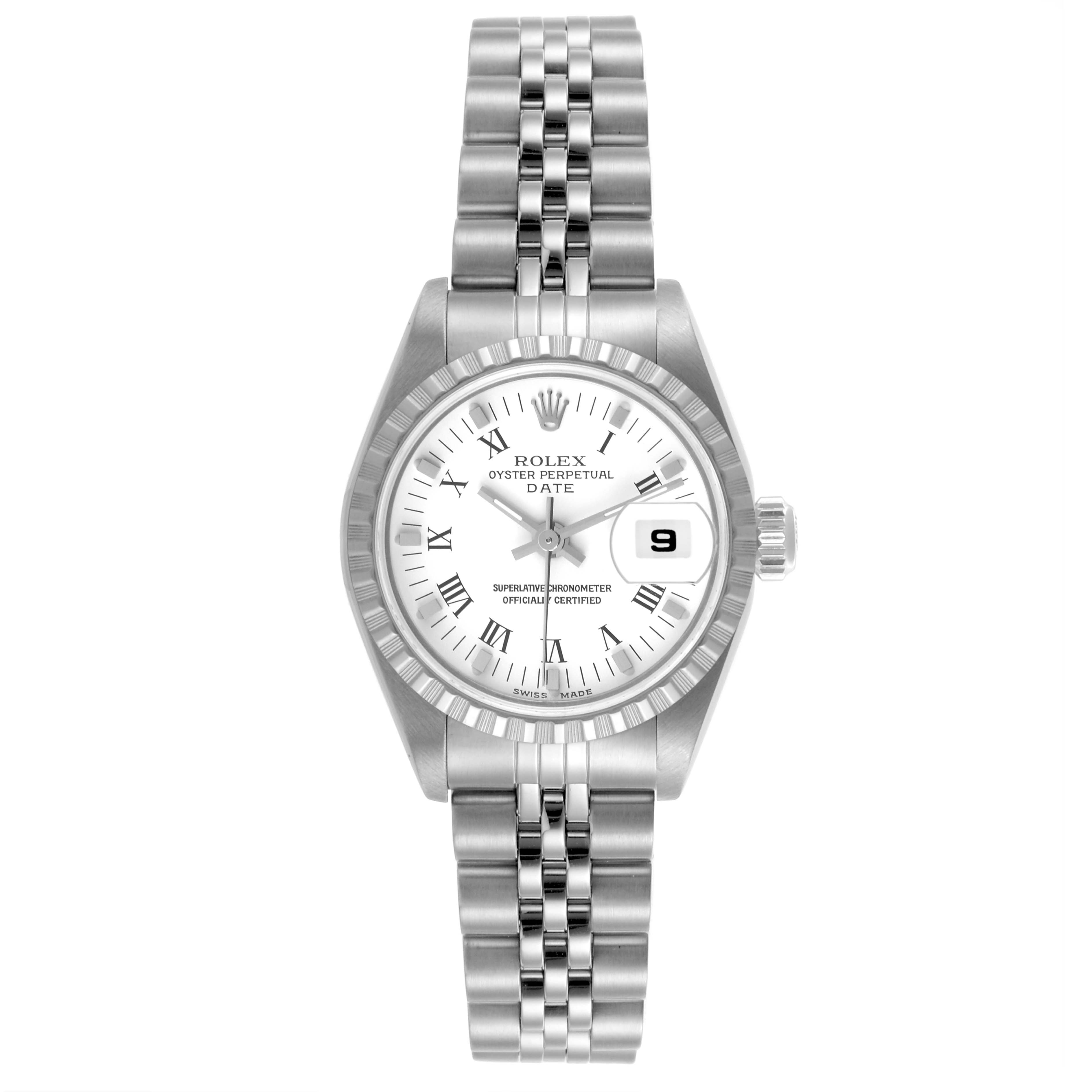 The Rolex Date 79240 Women's Stainless Steel White Dial 79240 Women's Stainless Steel White Dial watch is shown from the front, displaying the dial, bezel, crown, and bracelet.