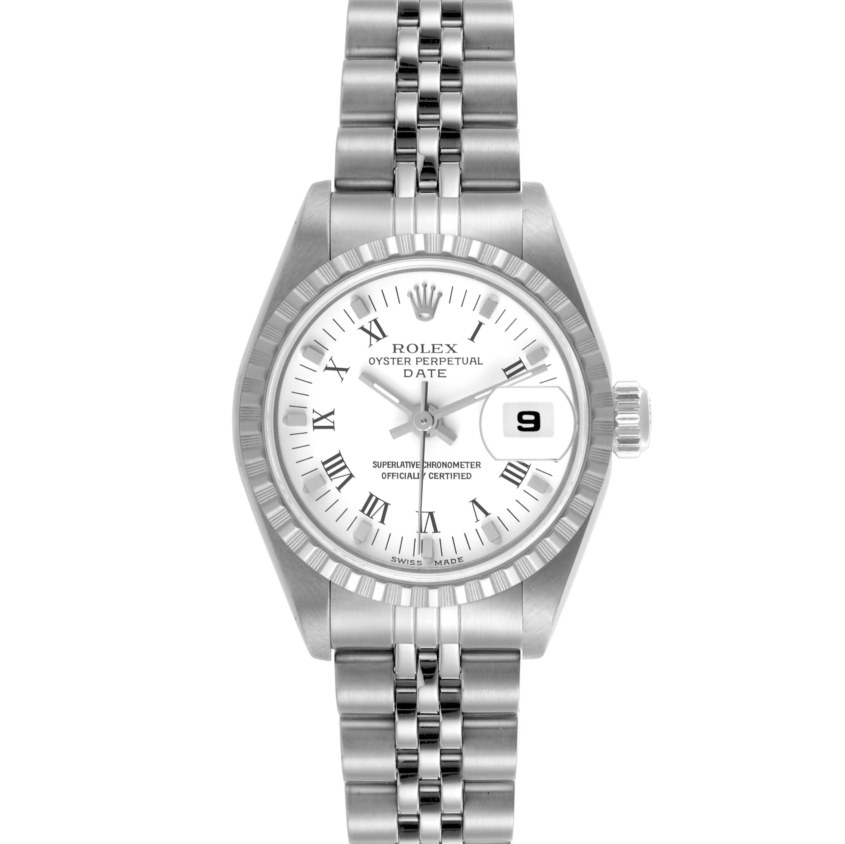 The Rolex Date 79240 Women's Stainless Steel White Dial 79240 Women's Stainless Steel White Dial watch is shown from the front, displaying its dial, bezel, and bracelet.