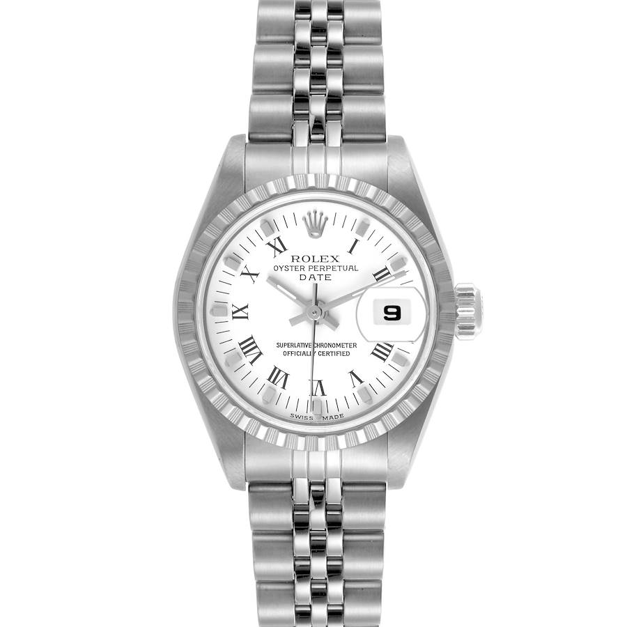 The Rolex Date 79240 Women's Stainless Steel White Dial 79240 Women's Stainless Steel White Dial watch is shown from the front, displaying its dial, bezel, and bracelet.