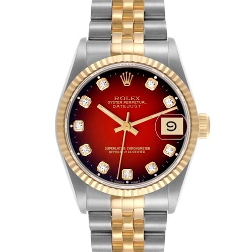 The Rolex Mid-Size 68273 Women's Steel and Gold (two tone) Red Dial 68273 Women's Steel and Gold (two tone) Red Dial watch is shown from a front angle, displaying the face, bezel, and bracelet.