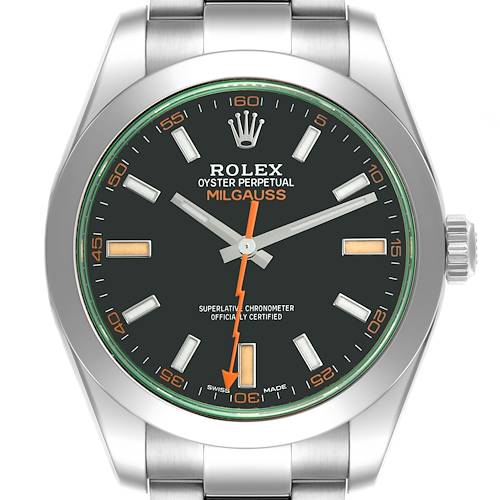 The Rolex Milgauss 116400GV Men's Stainless Steel Black Dial 116400GV Men's Stainless Steel Black Dial watch is shown from a front angle, displaying its face, bezel, and part of the bracelet.