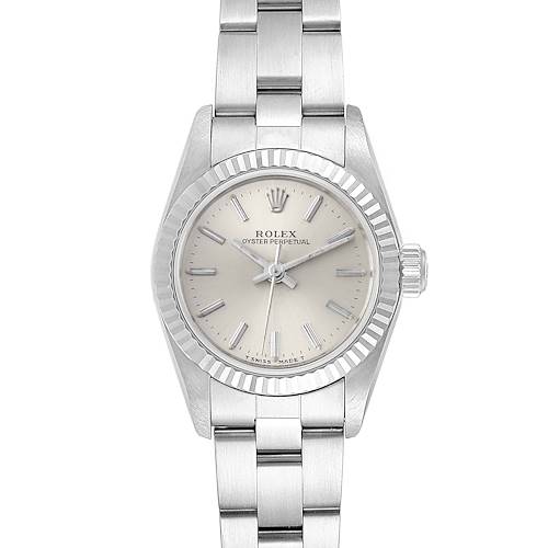 The image shows a front view of a Rolex Oyster Perpetual 67194 Women's Stainless Steel Silver Dial 67194 Women's Stainless Steel Silver Dial watch displaying its dial, bezel, and bracelet.