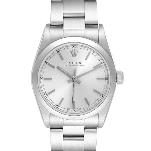 The Rolex Mid-Size 77080 Women's Stainless Steel Silver Dial 77080 Women's Stainless Steel Silver Dial model is shown front-on, displaying the dial, crown, and bracelet.