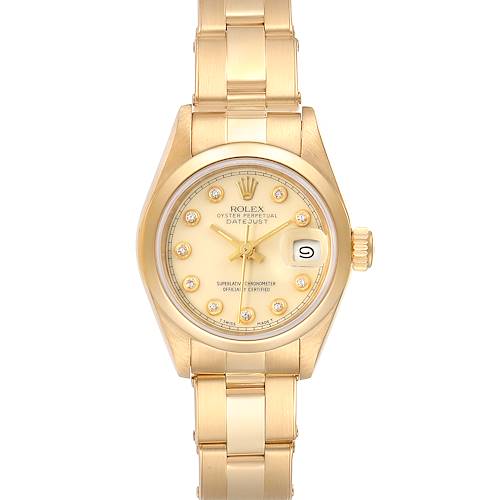 This image shows a front view of the Rolex President 69168 Women's Yellow Gold Beige Dial 69168 Women's Yellow Gold Beige Dial model watch, including its dial, bezel, crown, and bracelet.