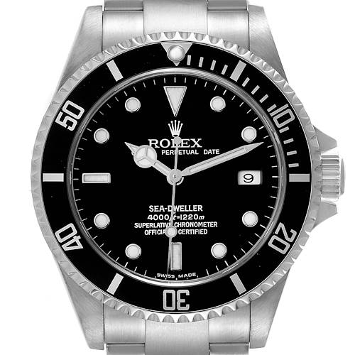 The image shows a front view of the Rolex Sea-Dweller 16600T Men's Stainless Steel Black Dial 16600T Men's Stainless Steel Black Dial watch, displaying the dial, bezel, and part of the bracelet.