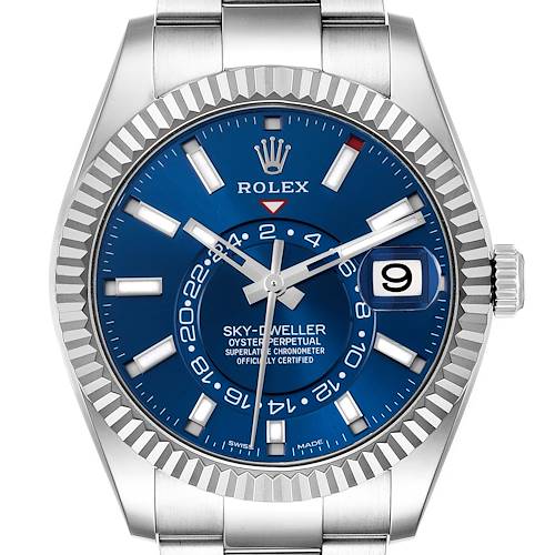 The Rolex Sky-Dweller 326934 Men's Stainless Steel Blue Dial 326934 Men's Stainless Steel Blue Dial watch is shown from the front, displaying the blue dial, hands, hour markers, date window, and bezel.