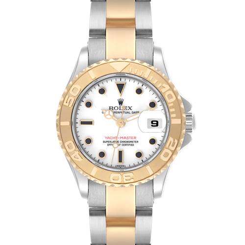 The Rolex Yacht-Master 69623 Women's Steel and Gold (two tone) White Dial 69623 Women's Steel and Gold (two tone) White Dial watch is shown from a top-down angle, highlighting the dial, bezel, and bracelet.