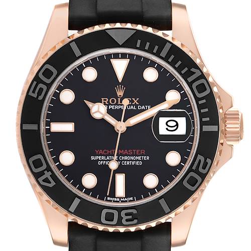 The Rolex Yacht-Master 116655 Men's Rose Gold Black Dial 116655 Men's Rose Gold Black Dial watch is shown from a front angle, displaying the dial, bezel, and part of the strap.