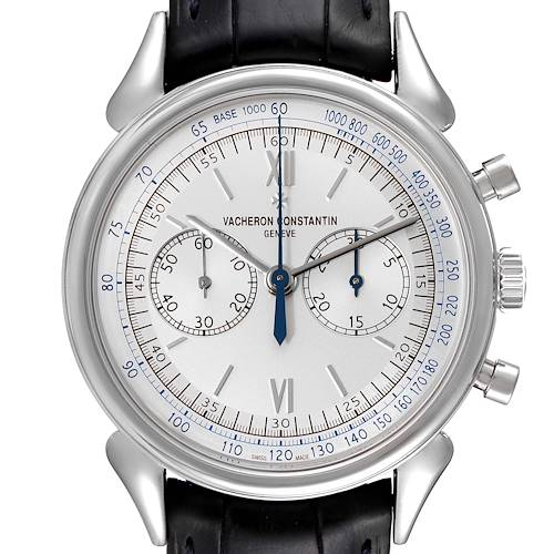The image shows a close-up, front-facing view of a vintage Vacheron Constantin watch with chronograph dials and leather straps.