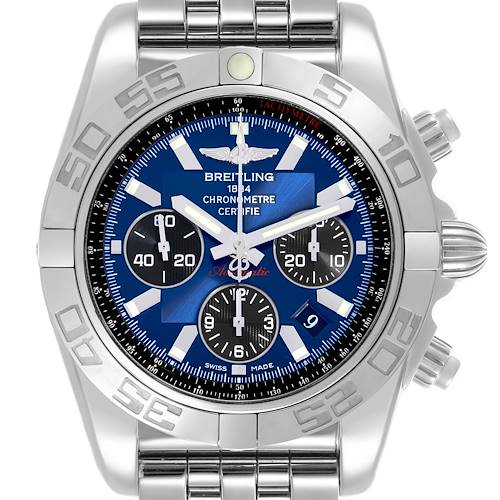 The image shows a frontal view of a Breitling Chronomat AB0110/A011C89PA Men's Stainless Steel Blue Dial AB0110/A011C89PA Men's Stainless Steel Blue Dial watch, highlighting the dial, bezel, and bracelet.