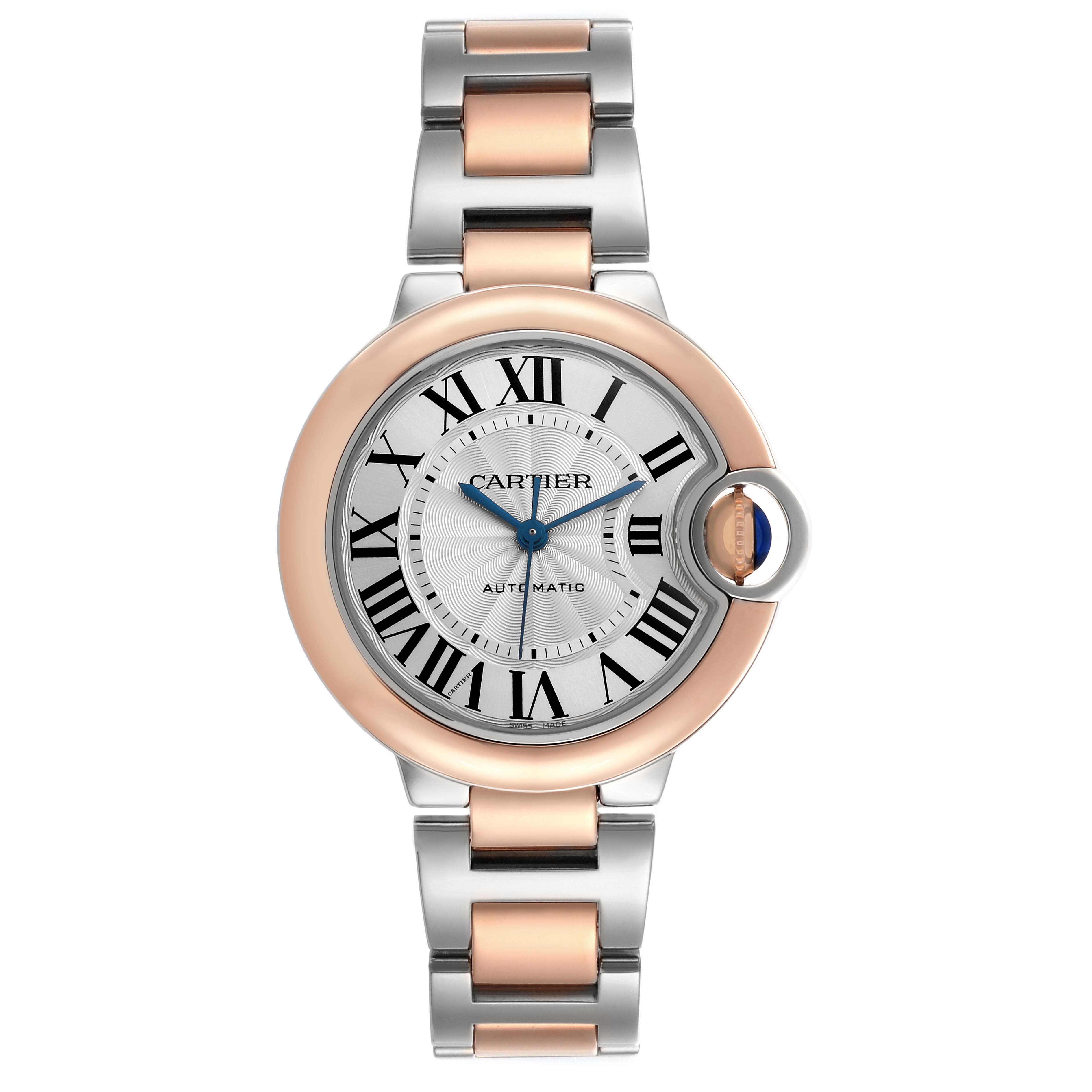 The Cartier Ballon Bleu W2BB0023 Women's Steel and Gold (two tone) Silver Dial W2BB0023 Women's Steel and Gold (two tone) Silver Dial watch is shown from the front, displaying its dial, Roman numerals, and metal bracelet.