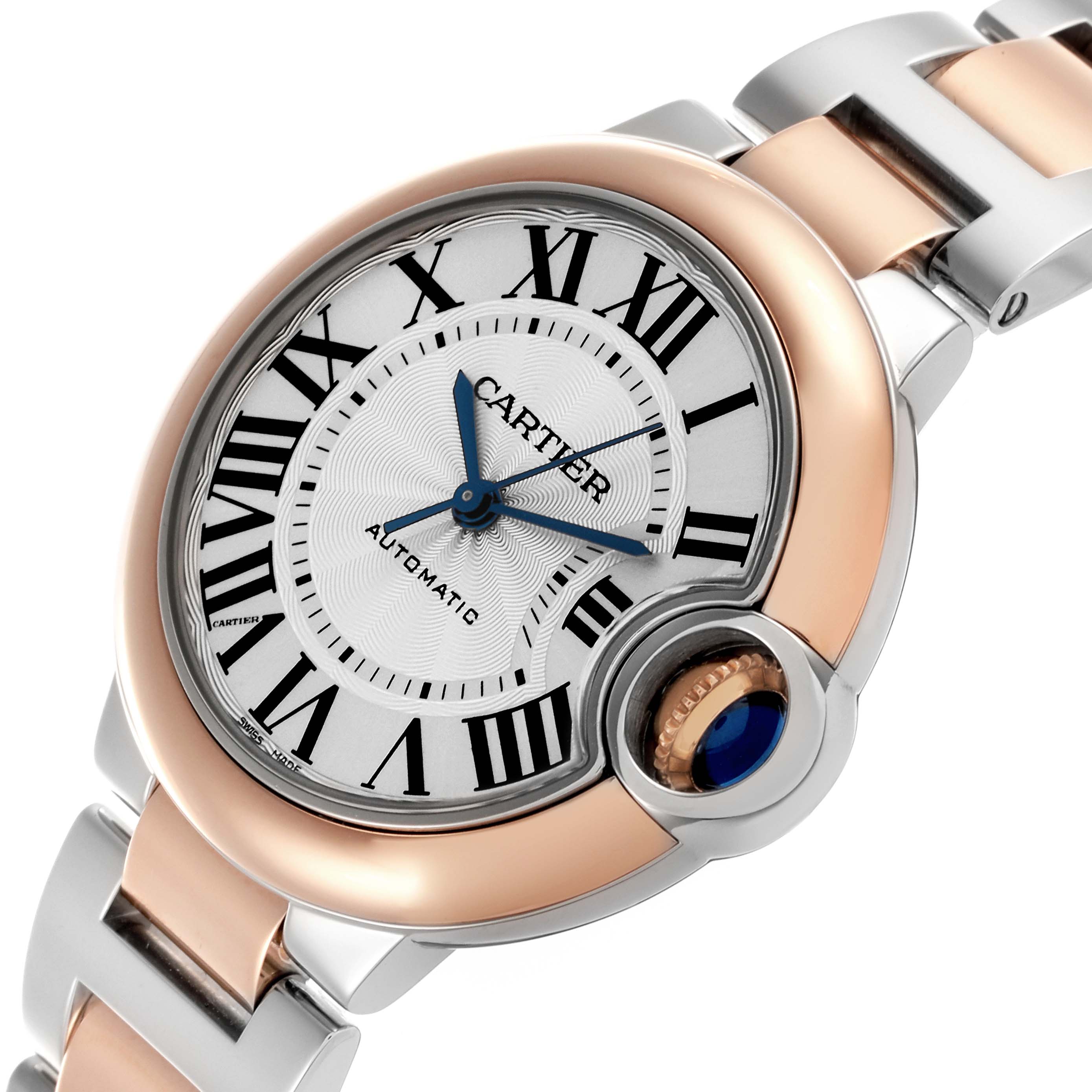 The Cartier Ballon Bleu W2BB0023 Women's Steel and Gold (two tone) Silver Dial W2BB0023 Women's Steel and Gold (two tone) Silver Dial watch is shown at a slight angle highlighting the face, crown, and part of the bracelet.