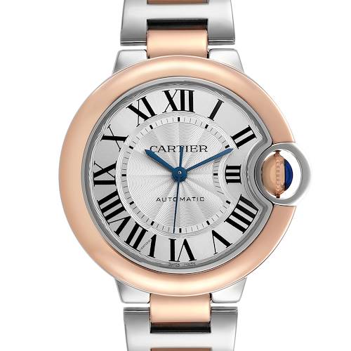 The Cartier Ballon Bleu W2BB0023 Women's Steel and Gold (two tone) Silver Dial W2BB0023 Women's Steel and Gold (two tone) Silver Dial watch is shown from the front, displaying the face, bezel, and part of the bracelet.