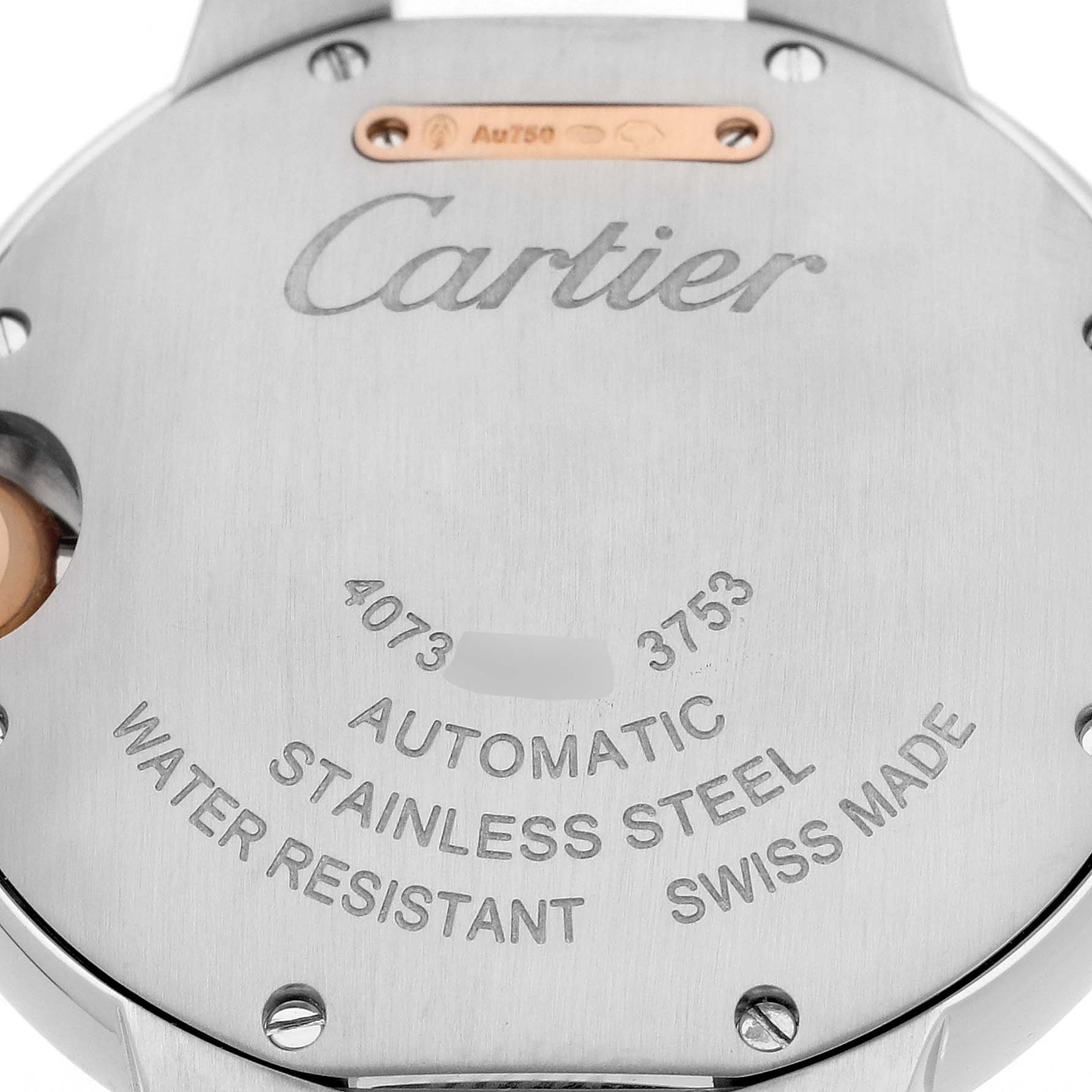The image shows the back case of a Cartier Ballon Bleu W2BB0023 Women's Steel and Gold (two tone) Silver Dial W2BB0023 Women's Steel and Gold (two tone) Silver Dial watch, highlighting brand engravings.