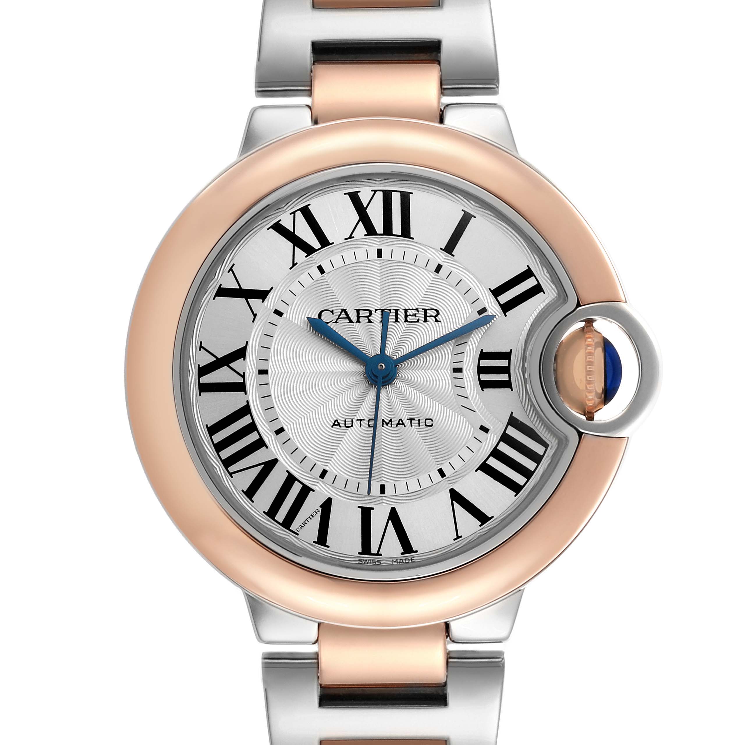 The Cartier Ballon Bleu W2BB0023 Women's Steel and Gold (two tone) Silver Dial W2BB0023 Women's Steel and Gold (two tone) Silver Dial watch is shown from a top view, displaying the face, crown, and upper bracelet links.