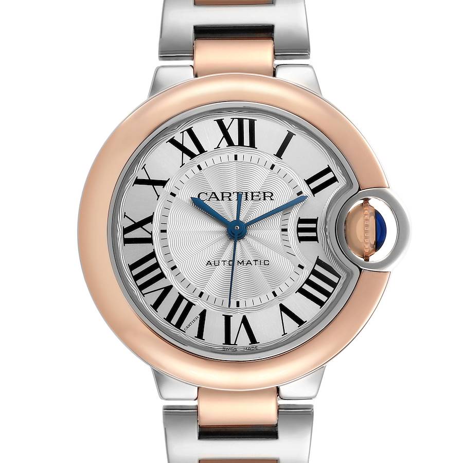 The Cartier Ballon Bleu W2BB0023 Women's Steel and Gold (two tone) Silver Dial W2BB0023 Women's Steel and Gold (two tone) Silver Dial watch is shown from a top view, displaying the face, crown, and upper bracelet links.