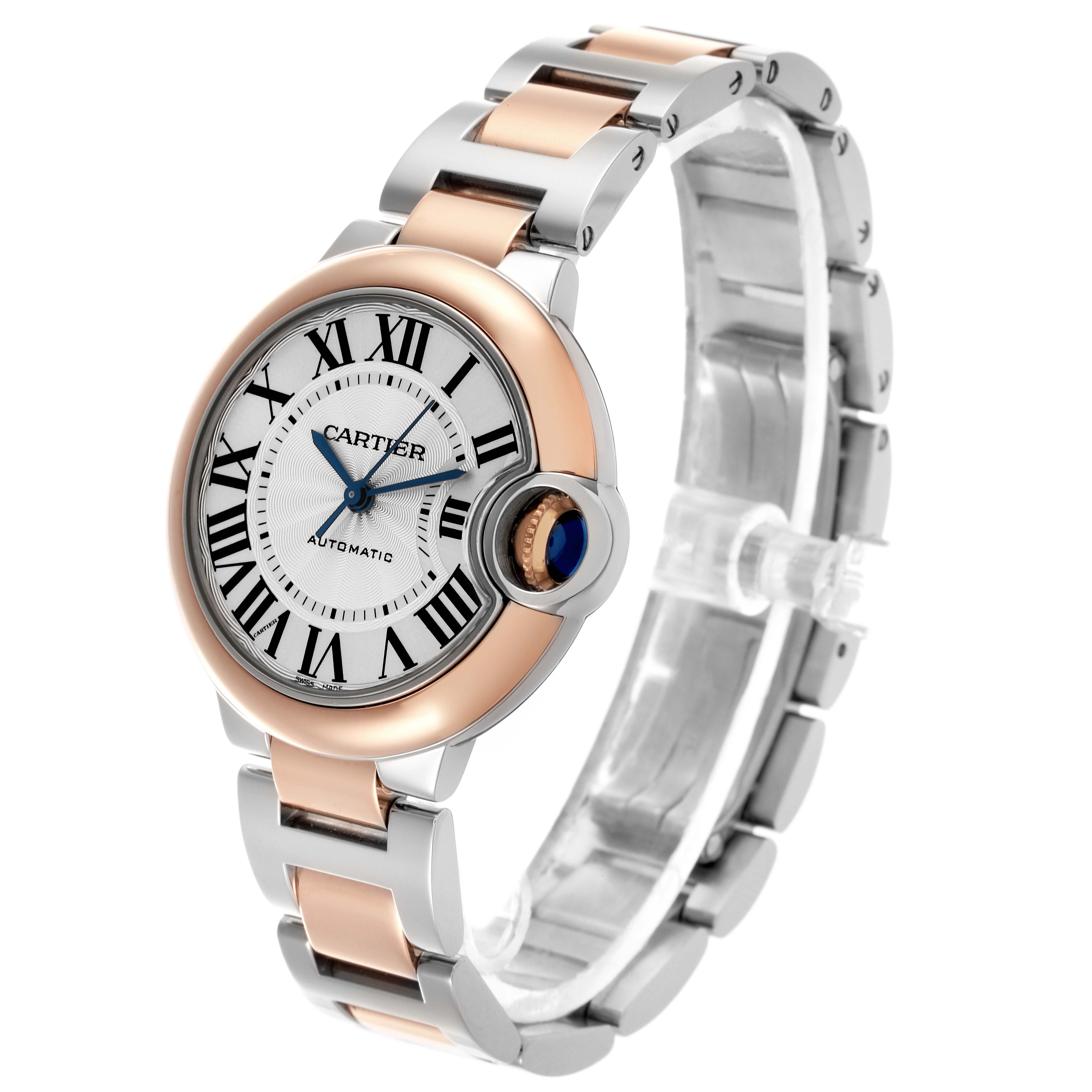 The Cartier Ballon Bleu W2BB0023 Women's Steel and Gold (two tone) Silver Dial W2BB0023 Women's Steel and Gold (two tone) Silver Dial watch is shown at a slight angle highlighting the dial, crown, and mixed metal bracelet.