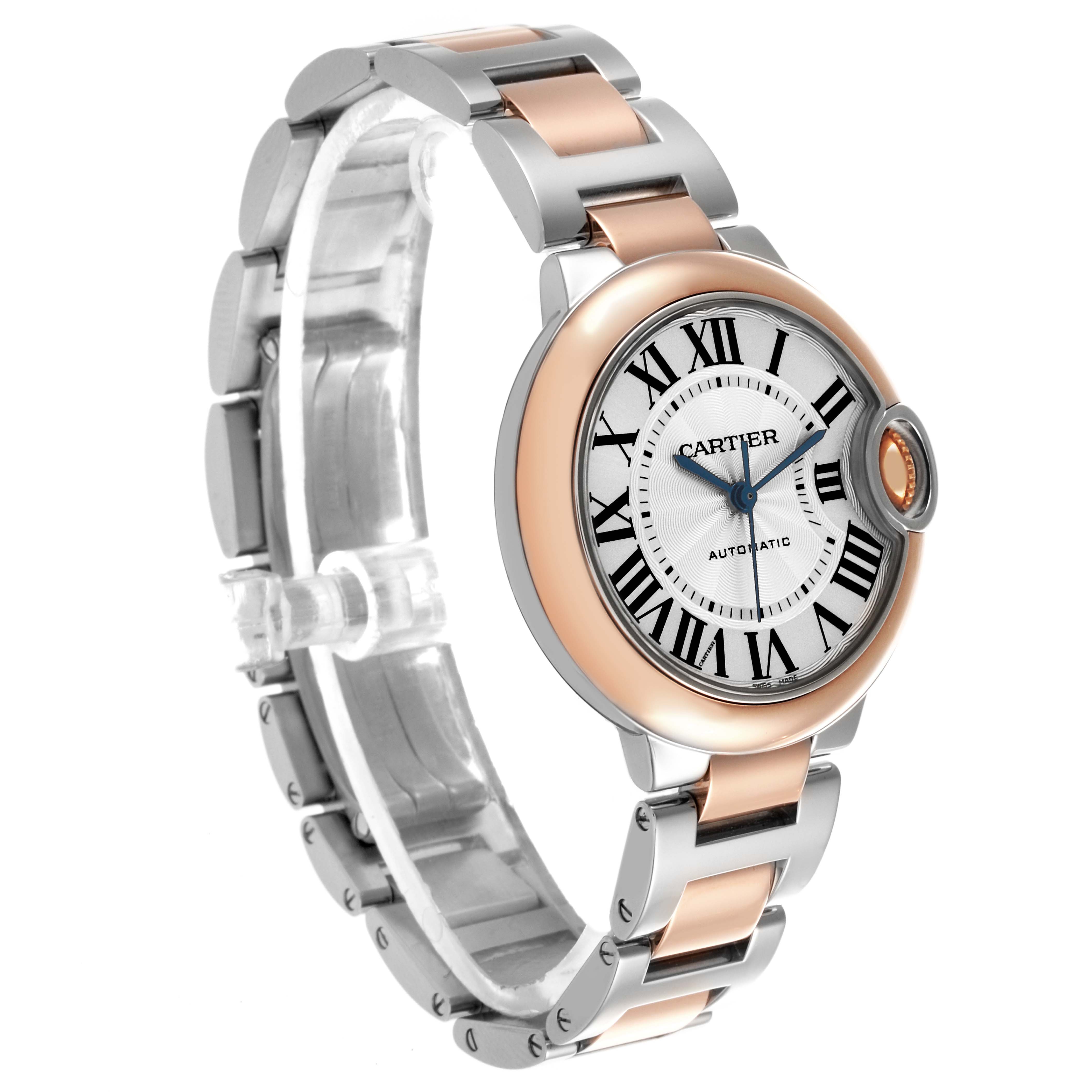 The Cartier Ballon Bleu W2BB0023 Women's Steel and Gold (two tone) Silver Dial W2BB0023 Women's Steel and Gold (two tone) Silver Dial watch is shown at a side angle, highlighting its two-tone bracelet and round case with Roman numerals.
