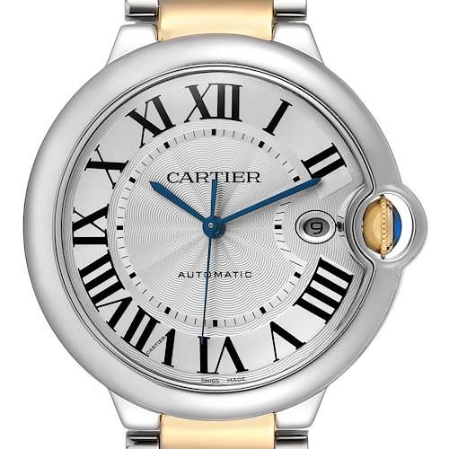 The Ballon Bleu by Cartier is shown from the front, highlighting the dial, hands, and date window.