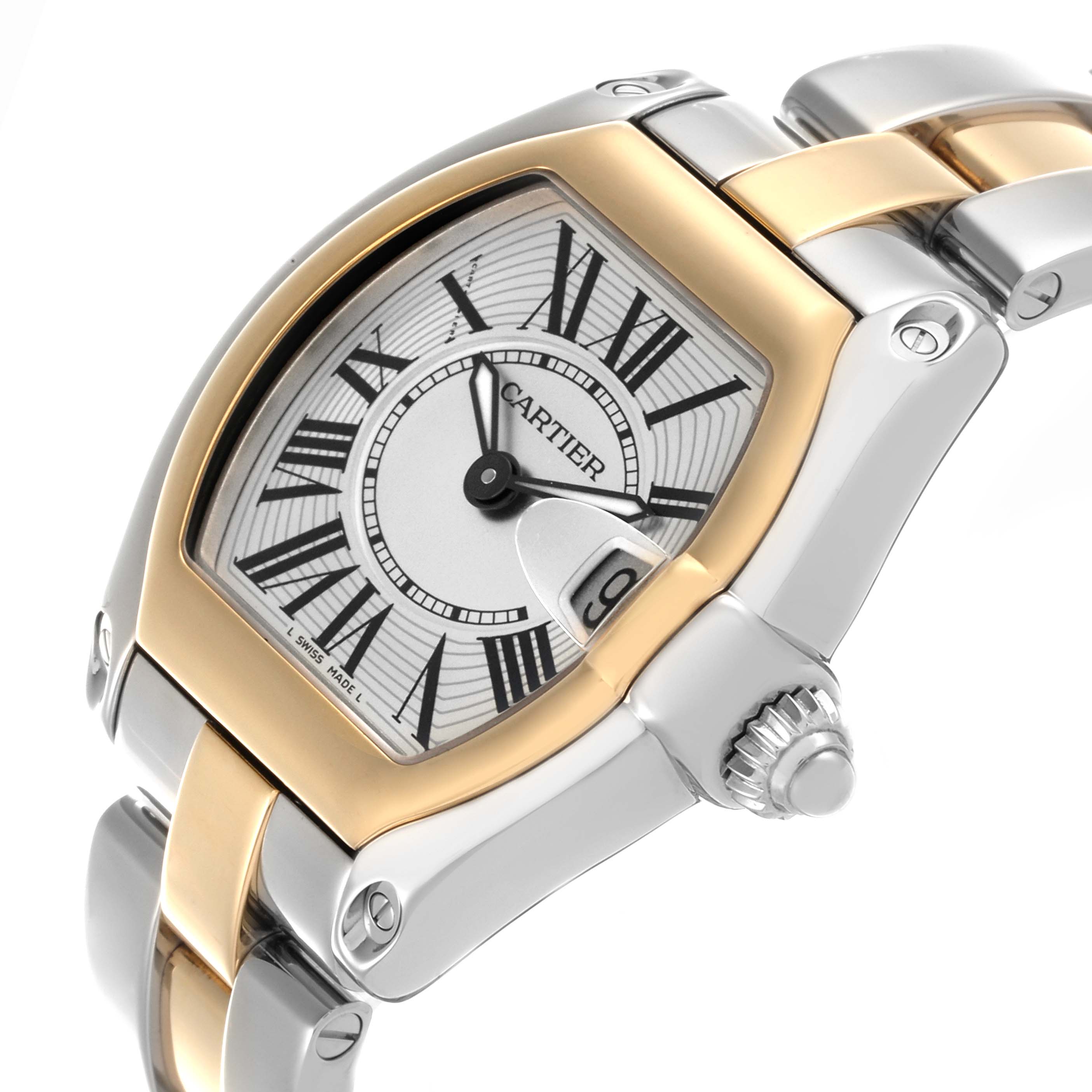 The Cartier Roadster W62026Y4 Women's Steel and Gold (two tone) Silver Dial W62026Y4 Women's Steel and Gold (two tone) Silver Dial watch is shown from a top-side angle, highlighting the dial, crown, and part of the bracelet.