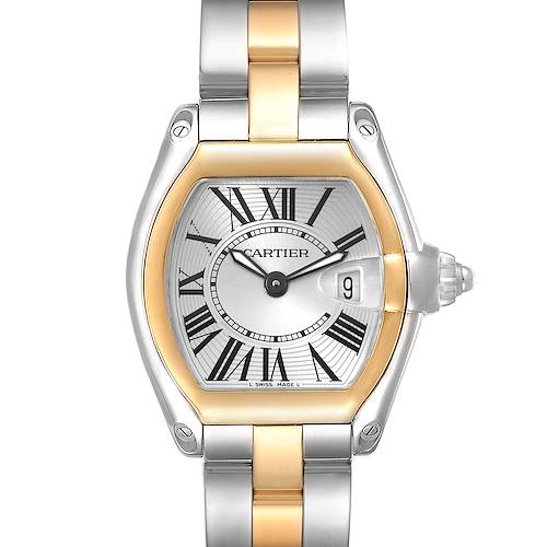 The Cartier Roadster W62026Y4 Women's Steel and Gold (two tone) Silver Dial W62026Y4 Women's Steel and Gold (two tone) Silver Dial watch is shown from the front, displaying its dial, bezel, and part of the bracelet.