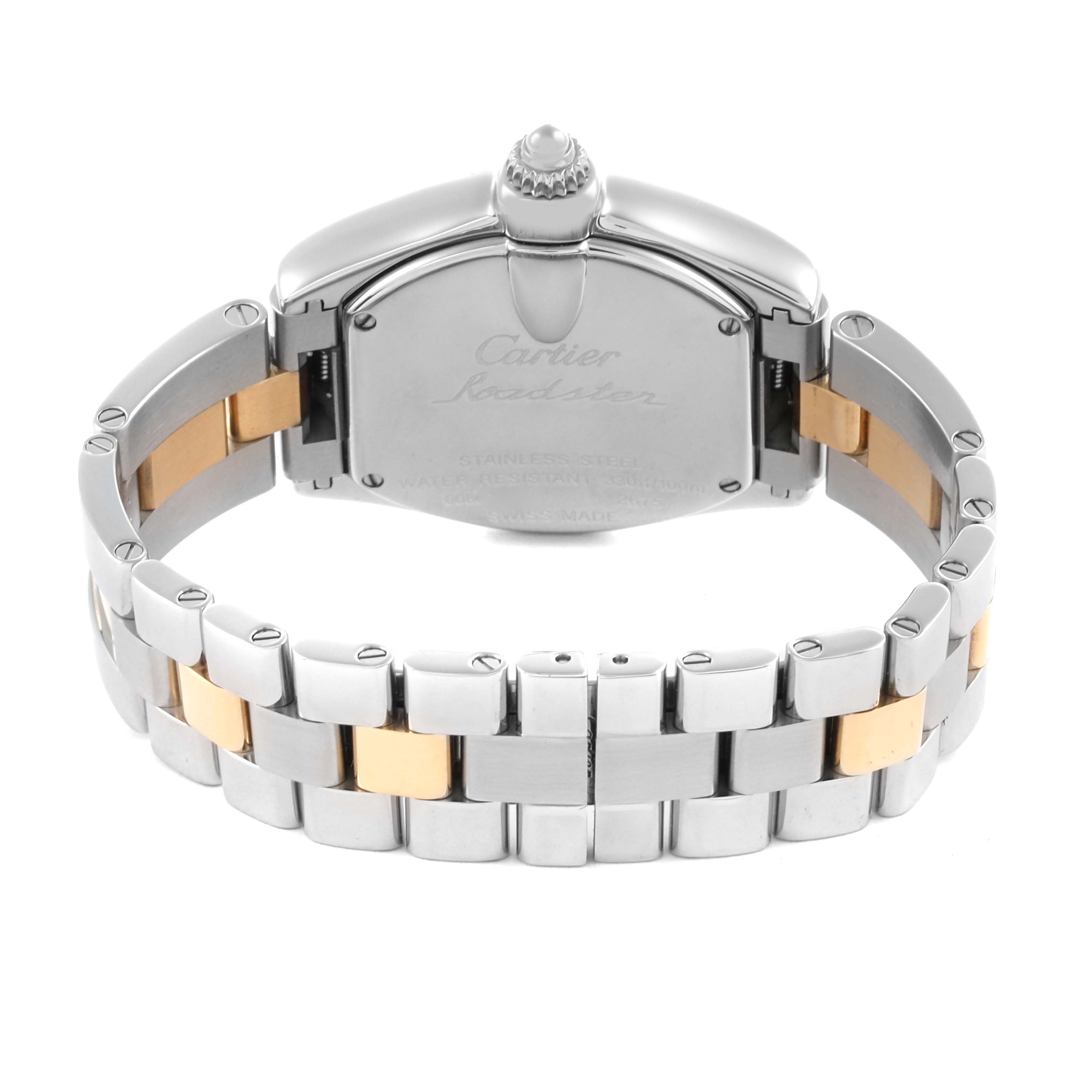 The Cartier Roadster W62026Y4 Women's Steel and Gold (two tone) Silver Dial W62026Y4 Women's Steel and Gold (two tone) Silver Dial watch is shown from the back, highlighting its two-tone bracelet and case back with engravings.