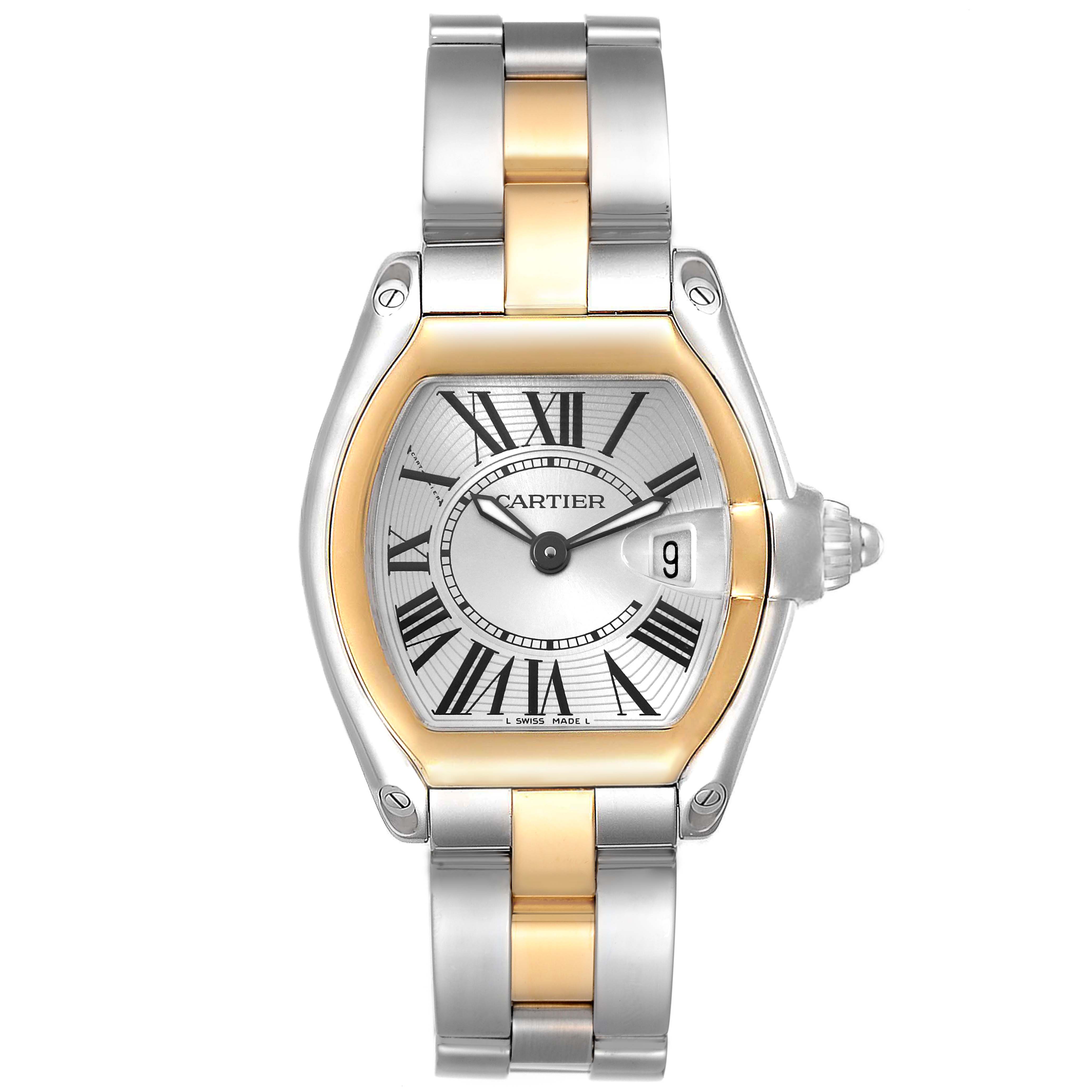 The Cartier Roadster W62026Y4 Women's Steel and Gold (two tone) Silver Dial W62026Y4 Women's Steel and Gold (two tone) Silver Dial watch is shown from a front angle, displaying its face, bracelet, and crown.
