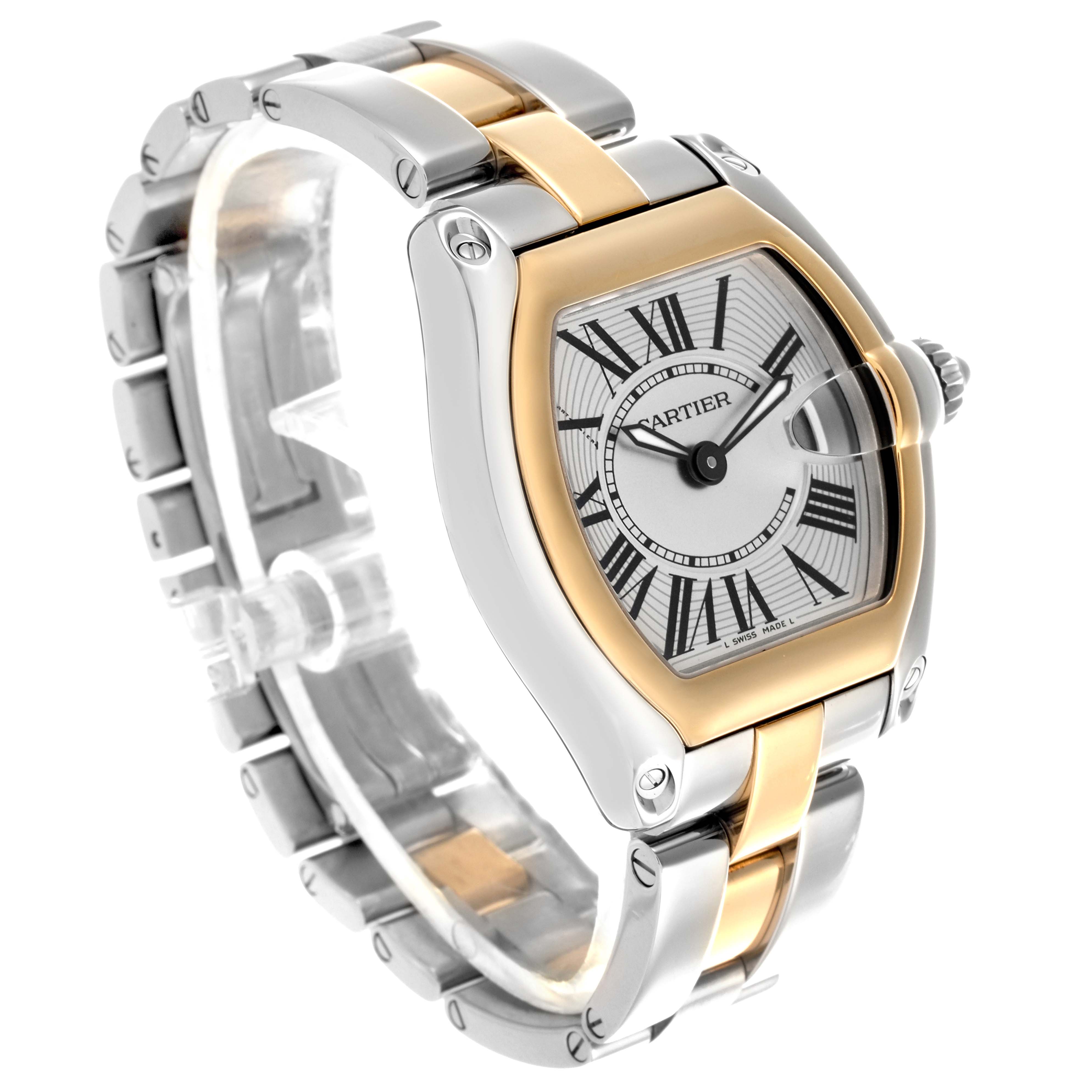 The Cartier Roadster W62026Y4 Women's Steel and Gold (two tone) Silver Dial W62026Y4 Women's Steel and Gold (two tone) Silver Dial watch is shown at a three-quarter angle, highlighting the case, dial, and bracelet.