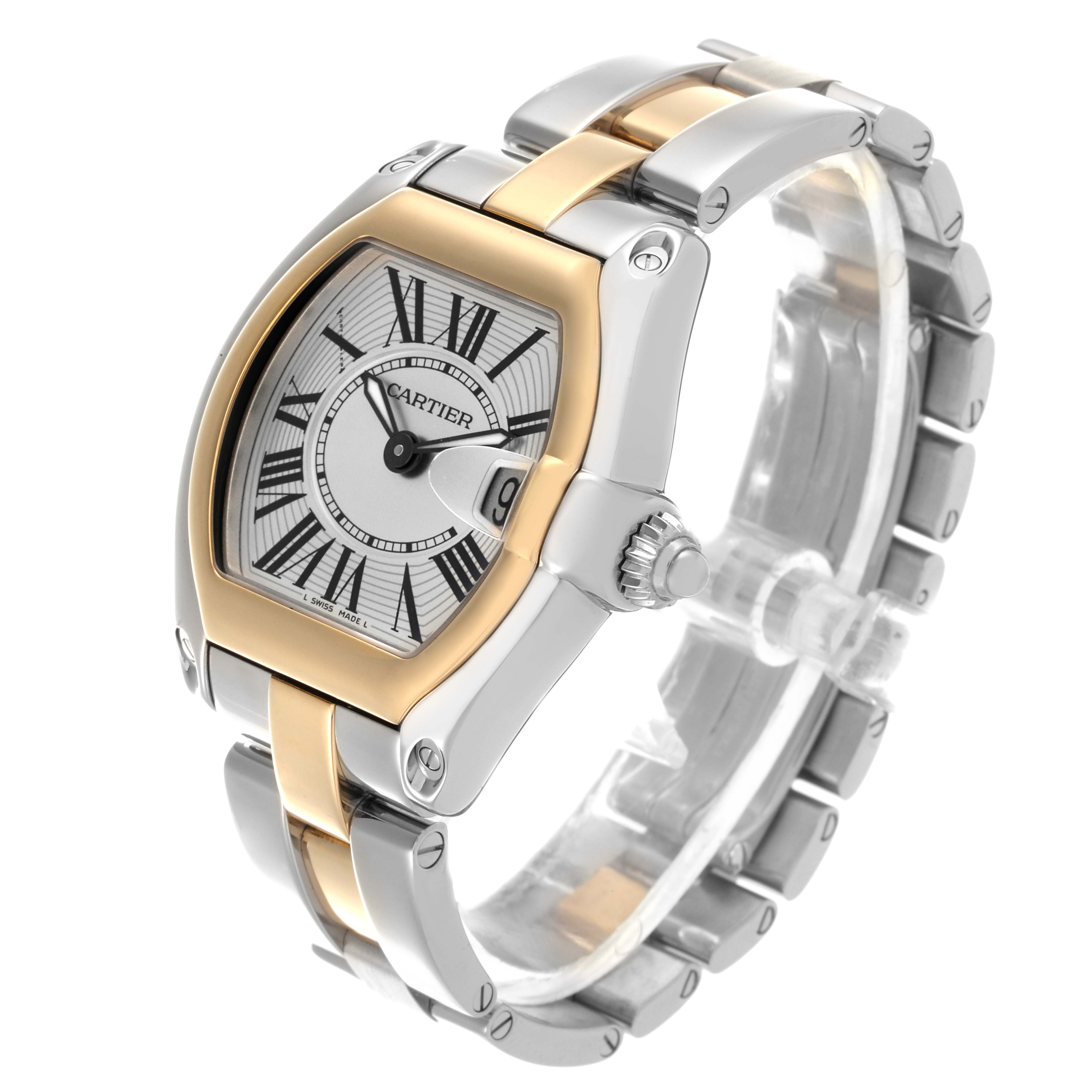 The Cartier Roadster W62026Y4 Women's Steel and Gold (two tone) Silver Dial W62026Y4 Women's Steel and Gold (two tone) Silver Dial watch is shown at a three-quarter angle, displaying the face, crown, and bracelet.