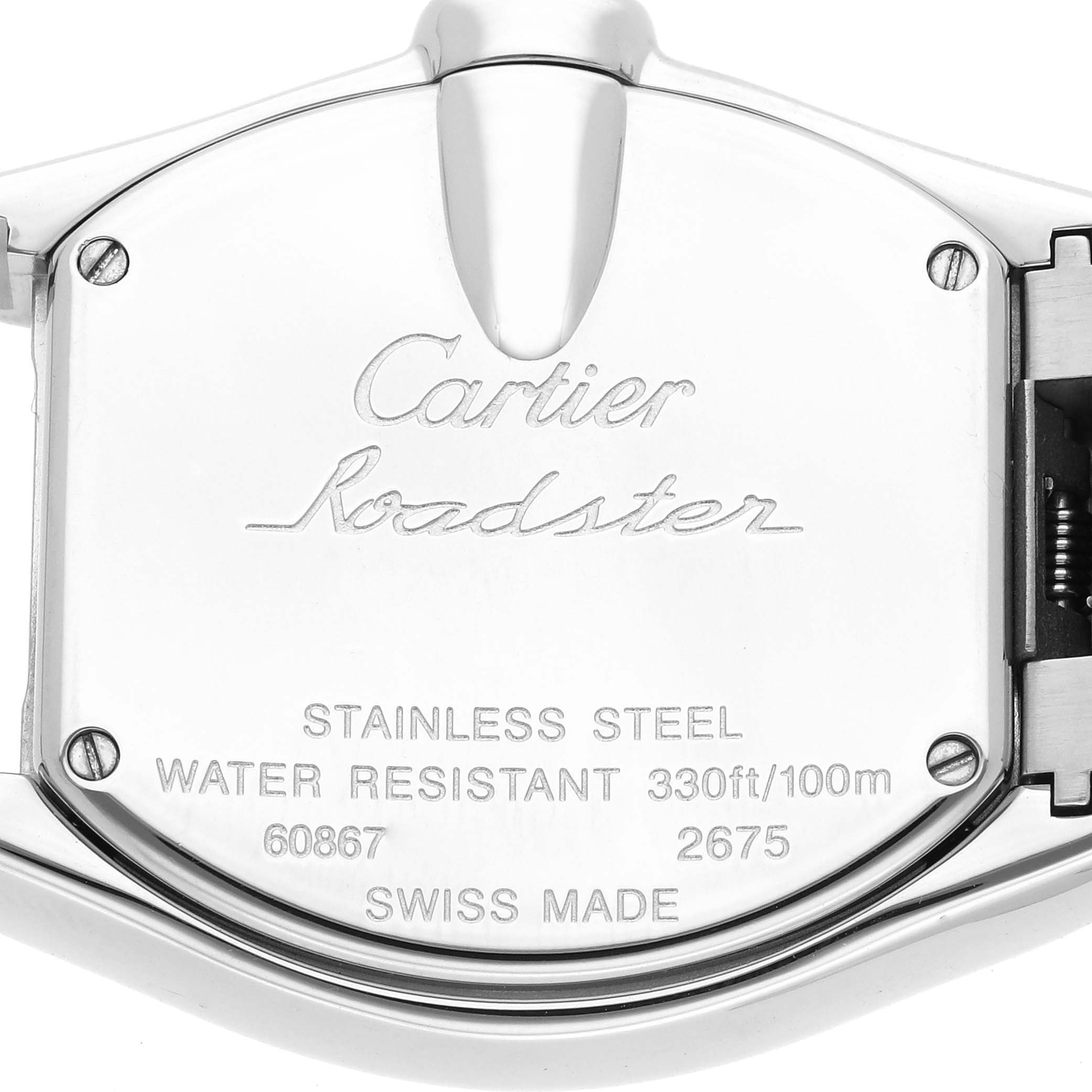 The image shows the back casing of the Cartier Roadster W62026Y4 Women's Steel and Gold (two tone) Silver Dial W62026Y4 Women's Steel and Gold (two tone) Silver Dial watch, highlighting the brand and model engraving.