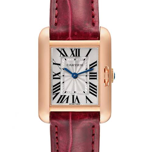 The image shows a frontal view of the Cartier Tank Anglaise W5310027 Women's Rose Gold Silver Dial W5310027 Women's Rose Gold Silver Dial watch, highlighting its watch face, Roman numerals, and red leather strap.