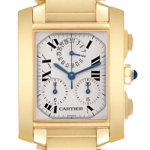 The Cartier Tank Française watch is shown from a front angle, displaying its face and side buttons.