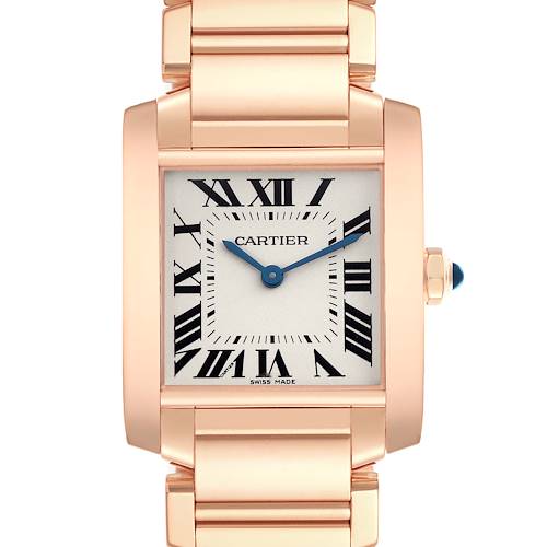 The Cartier Tank Française watch is shown from the front, highlighting its face, Roman numerals, and part of the bracelet.