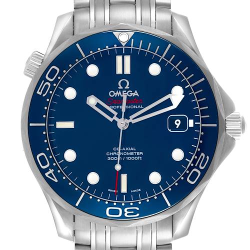 The Omega Seamaster 212.30.41.20.03.001 Men's Stainless Steel Blue Dial 212.30.41.20.03.001 Men's Stainless Steel Blue Dial watch is shown from a front angle, highlighting its blue dial, bezel, crown, and stainless steel bracelet.