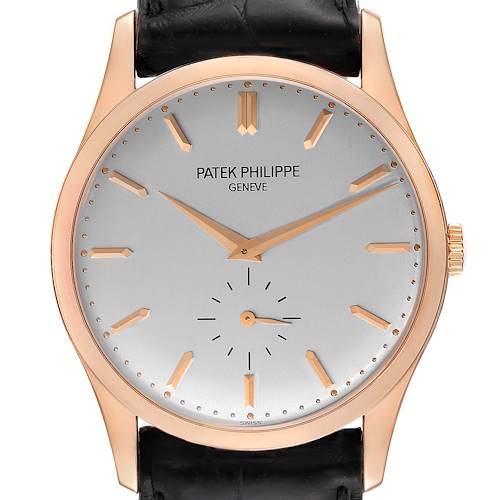 This image shows a front view of a Patek Philippe Calatrava 5196R Men's Rose Gold Silver Dial 5196R Men's Rose Gold Silver Dial watch, highlighting its dial, hands, crown, and part of the strap.