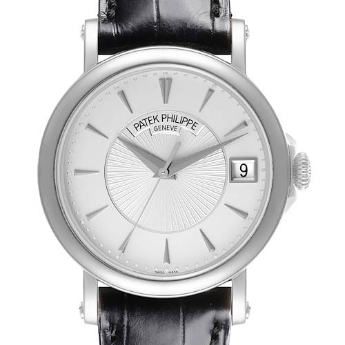 The image shows a front view of a Patek Philippe Calatrava 5153G-010 Men's White Gold Silver Dial 5153G-010 Men's White Gold Silver Dial watch, featuring its dial and crown.