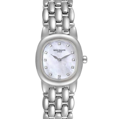 This image shows a front view of the Patek Philippe Golden Ellipse 4830 Women's White Gold Mother of Pearl Dial 4830 Women's White Gold Mother of Pearl Dial watch, highlighting its face and linked bracelet.